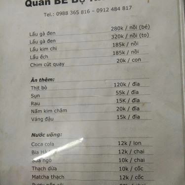 Thực đơn- Quán Ăn Bé Bự Quán - Đặng Văn Ngữ