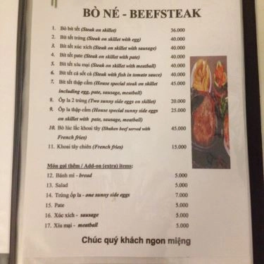 Thực đơn- Quán Ăn Beefsteak Mận Xanh