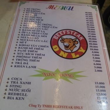 Thực đơn- Quán Ăn Beefsteak Only - Thống Nhất