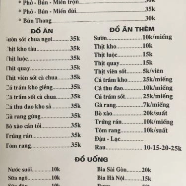 Thực đơn- Quán Ăn Bỉn Béo - Phở Gà & Cơm Văn Phòng