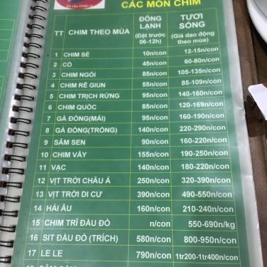 Thực đơn- Quán Ăn Bồ Câu Chiến Sĩ - Đặc Sản Chim Trời