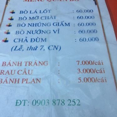 Thực đơn- Quán Ăn Bò Lá Lốt & Mỡ Chài - Nguyễn Văn Trỗi