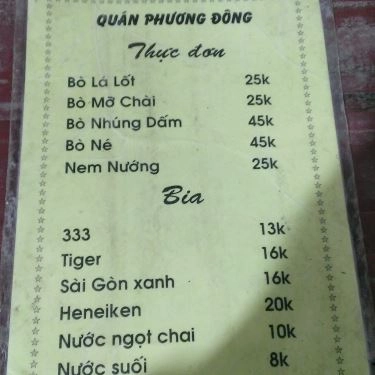Thực đơn- Quán Ăn Bò Lá Lốt Phương Đông - Nguyễn Kiệm