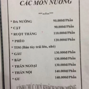 Thực đơn- Quán Ăn Bò Tơ Năm Khánh