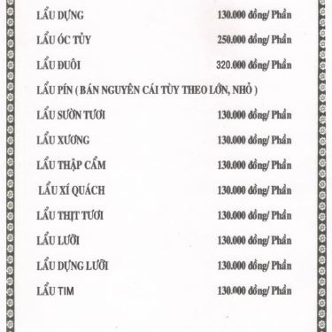 Thực đơn- Quán Ăn Bò Tơ Năm Khánh