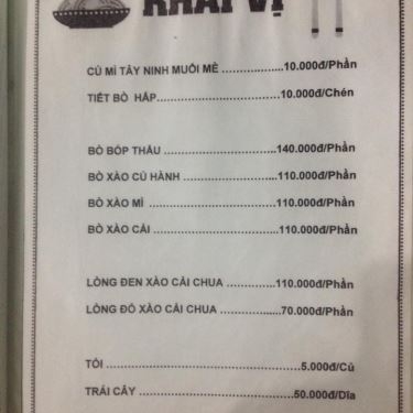Thực đơn- Quán Ăn Bò Tơ Tây Ninh - Đặng Văn Bi