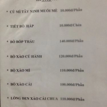 Thực đơn- Quán Ăn Bò Tơ Năm Sánh Quyết Thắng - Tây Thạnh