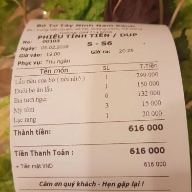 Thực đơn- Quán Ăn Bò Tơ Tây Ninh Tài Sanh - Đường 19/5