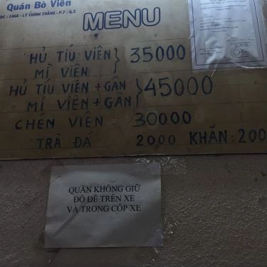Thực đơn- Quán Ăn Bò Viên - Lý Chính Thắng