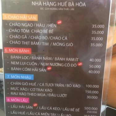 Thực đơn- Quán Ăn Bún Bò Bà Hòa - Hoàng Văn Thái