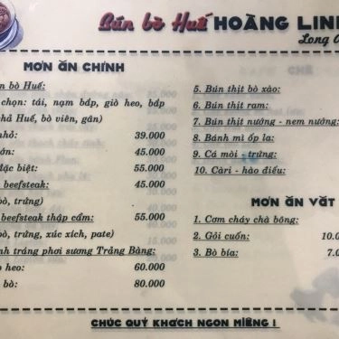 Thực đơn- Quán Ăn Hoàng Linh - Bún Bò Huế