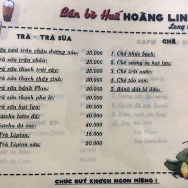 Thực đơn- Quán Ăn Hoàng Linh - Bún Bò Huế