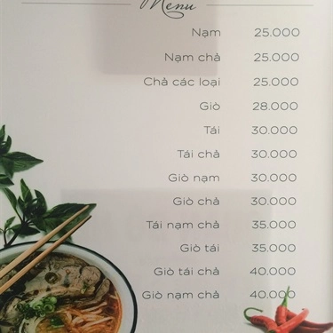 Thực đơn- Quán Ăn Bún Bò Huế 371 - Tân Sơn Nhì