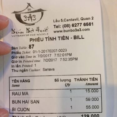 Thực đơn- Nhà Hàng Bún Bò Huế 3A3 - Parkson Cantavil