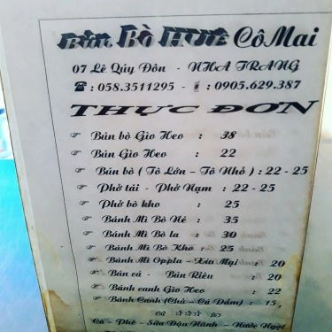 Thực đơn- Quán Ăn Cô Mai - Bún Bò Huế
