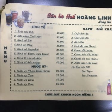 Thực đơn- Quán Ăn Hoàng Linh - Bún Bò Huế