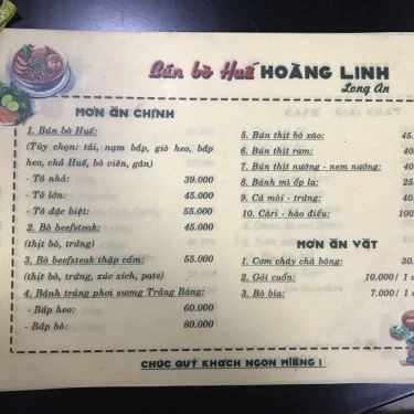 Thực đơn- Quán Ăn Hoàng Linh - Bún Bò Huế