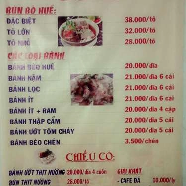 Thực đơn- Quán Ăn Bún Bò Huế Kim Long - Nguyễn Văn Nghi