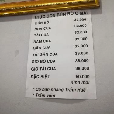 Thực đơn- Quán Ăn Bún Bò Huế O Mai - Bàu Cát
