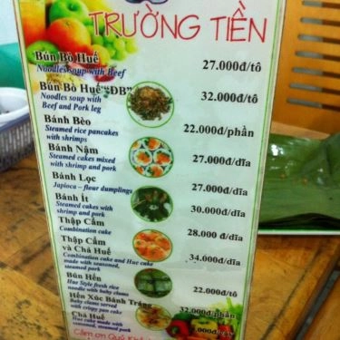 Thực đơn- Quán Ăn Bún Bò Huế Trường Tiền
