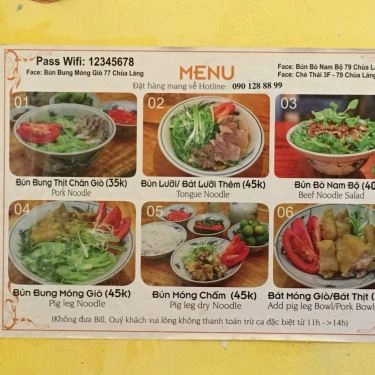 Thực đơn- Quán Ăn Bún Bò Nam Bộ - Chùa Láng