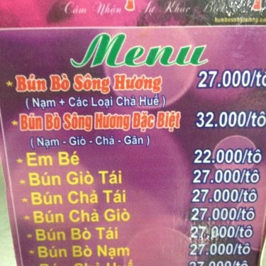 Thực đơn- Quán Ăn Bún Bò Sông Hương - Gò Dầu