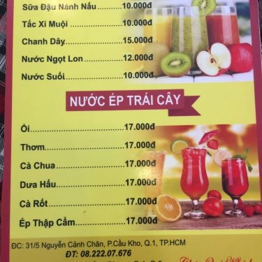 Thực đơn- Quán Ăn Quán Yến - Bún Cá Sứa Nha Trang - Nguyễn Cảnh Chân