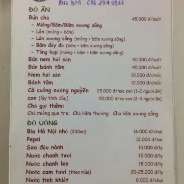 Thực đơn- Quán Ăn Bún Chả Bình Chung - Bạch Mai