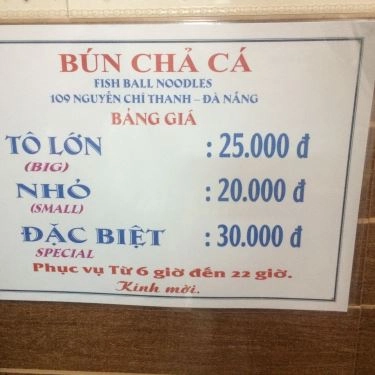 Thực đơn- Quán Ăn Bún Chả Cá - Nguyễn Chí Thanh