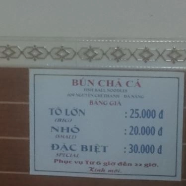Thực đơn- Quán Ăn Bún Chả Cá - Nguyễn Chí Thanh