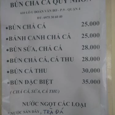 Thực đơn- Quán Ăn Bún Chả Cá Quy Nhơn