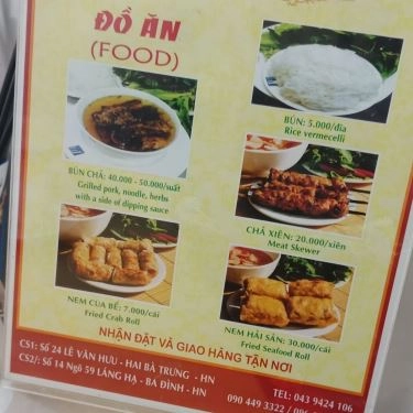 Thực đơn- Quán Ăn Bún Chả Hương Liên - Láng Hạ