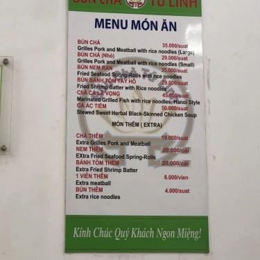Thực đơn- Quán Ăn Bún Chả Tứ Linh