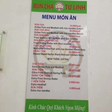 Thực đơn- Quán Ăn Bún Chả Tứ Linh