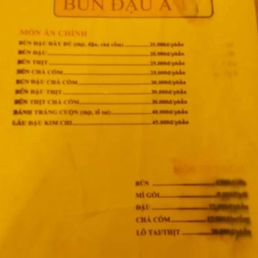 Thực đơn- Quán Ăn Bún Đậu A Tỳ - Lý Thường Kiệt