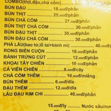 Thực đơn- Quán Ăn Bún Đậu A Tỳ - Lý Thường Kiệt
