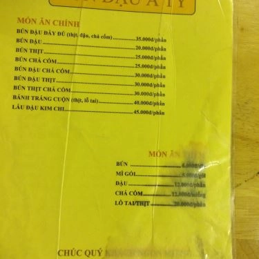 Thực đơn- Quán Ăn Bún Đậu A Tỳ - Lý Thường Kiệt