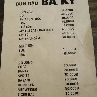 Thực đơn- Quán Ăn Bún Đậu Bà Kỳ