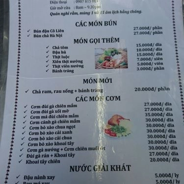 Thực đơn- Quán Ăn Bún Đậu Cô Liên