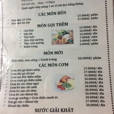 Thực đơn- Quán Ăn Bún Đậu Cô Liên