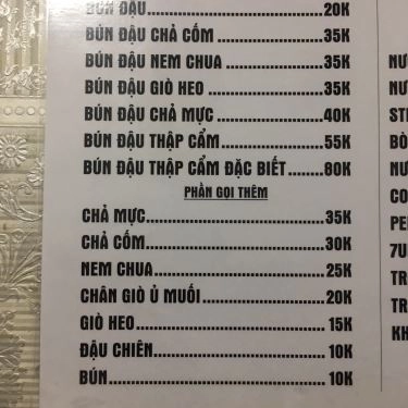 Thực đơn- Quán Ăn Bún Đậu Hà Nội - Nguyễn Tri Phương