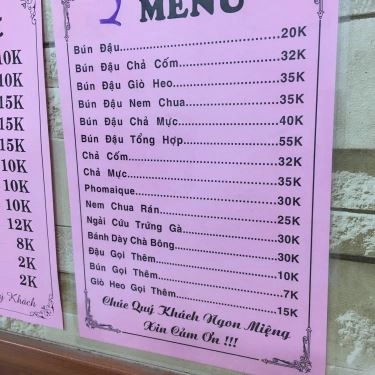 Thực đơn- Quán Ăn Bún Đậu Hà Nội - Nguyễn Tri Phương