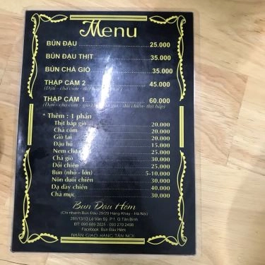 Thực đơn- Quán Ăn Bún Đậu Hẻm - Lê Văn Sỹ