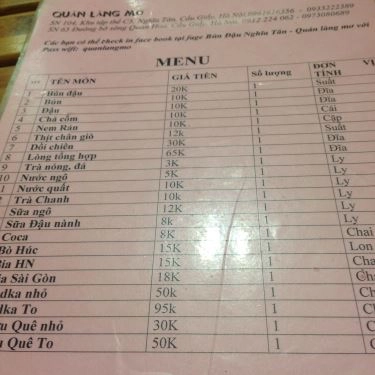 Thực đơn- Quán Ăn Bún Đậu Nghĩa Tân