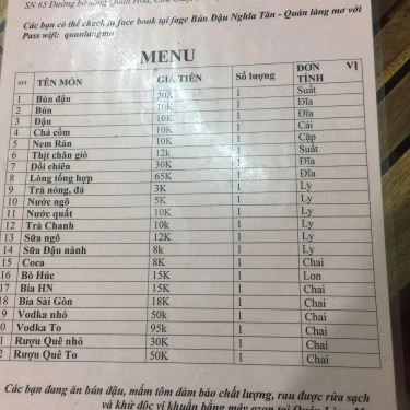 Thực đơn- Quán Ăn Bún Đậu Nghĩa Tân