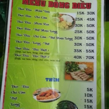 Thực đơn- Quán Ăn Đồng Diều Quán - Bún Đậu Mắm Tôm 15k