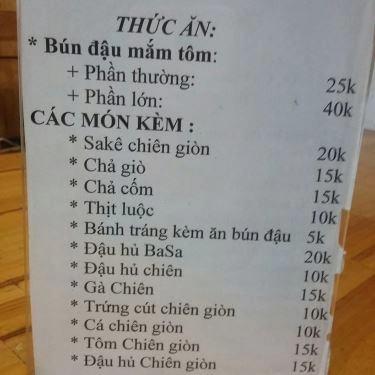 Thực đơn- Quán Ăn Bún Đậu Mắm Tôm 30 Hàn Thuyên