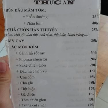 Thực đơn- Quán Ăn Bún Đậu Mắm Tôm 30 Hàn Thuyên