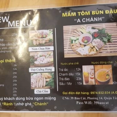 Thực đơn- Quán Ăn Bún Đậu Mắm Tôm A Chảnh - Bàu Cát