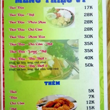 Thực đơn- Quán Ăn Triệu Vy - Bún Đậu Mẹt 17K